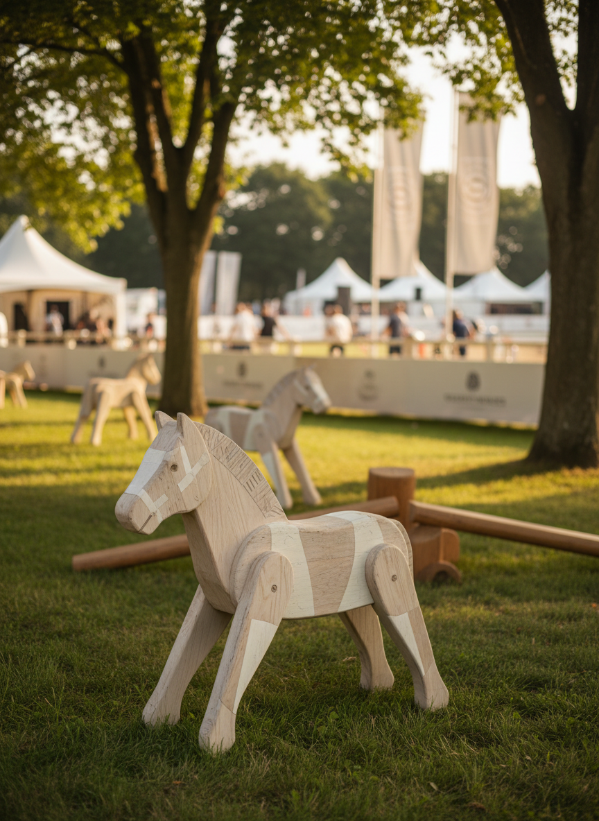 A playful outdoor pony-inspired installation in a grassy corner of the festival grounds, featuring a series of sturdy, stylized wooden horse figures painted in soft neutral tones with subtle geometric patterns. Low, natural wood platforms and simple obstacles suggest a child-friendly interaction area without showing any people. Surrounding trees cast dappled afternoon light across the grass, while distant arenas and tasteful event signage are softly blurred in the background. Captured at a low angle, one wooden horse dominates the foreground in sharp focus, its texture and craftsmanship clearly visible, while the others recede into gentle bokeh. The photographic realism, warm natural lighting, and balanced composition create an inviting, family-oriented yet sophisticated atmosphere.