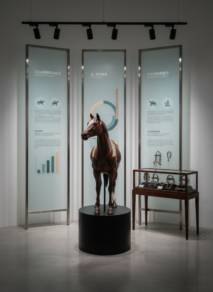 An elegantly designed exhibition corner at the 2026國際馬術節, featuring a large, detailed anatomical model of a horse in rich chestnut tones, displayed on a matte black pedestal. Behind it, tall panels showcase minimalist infographics about equestrian sports in muted teal, sand, and charcoal hues. A glass display case beside the model presents historical bridles and bits on dark velvet. Overhead, soft gallery-style track lighting creates focused pools of light, leaving the surrounding space gently dim. The polished concrete floor subtly reflects the exhibits. Photographed from a slightly elevated angle with balanced framing, the image feels modern, educational, and refined, emphasizing the festival’s thematic exhibitions without any human presence.
