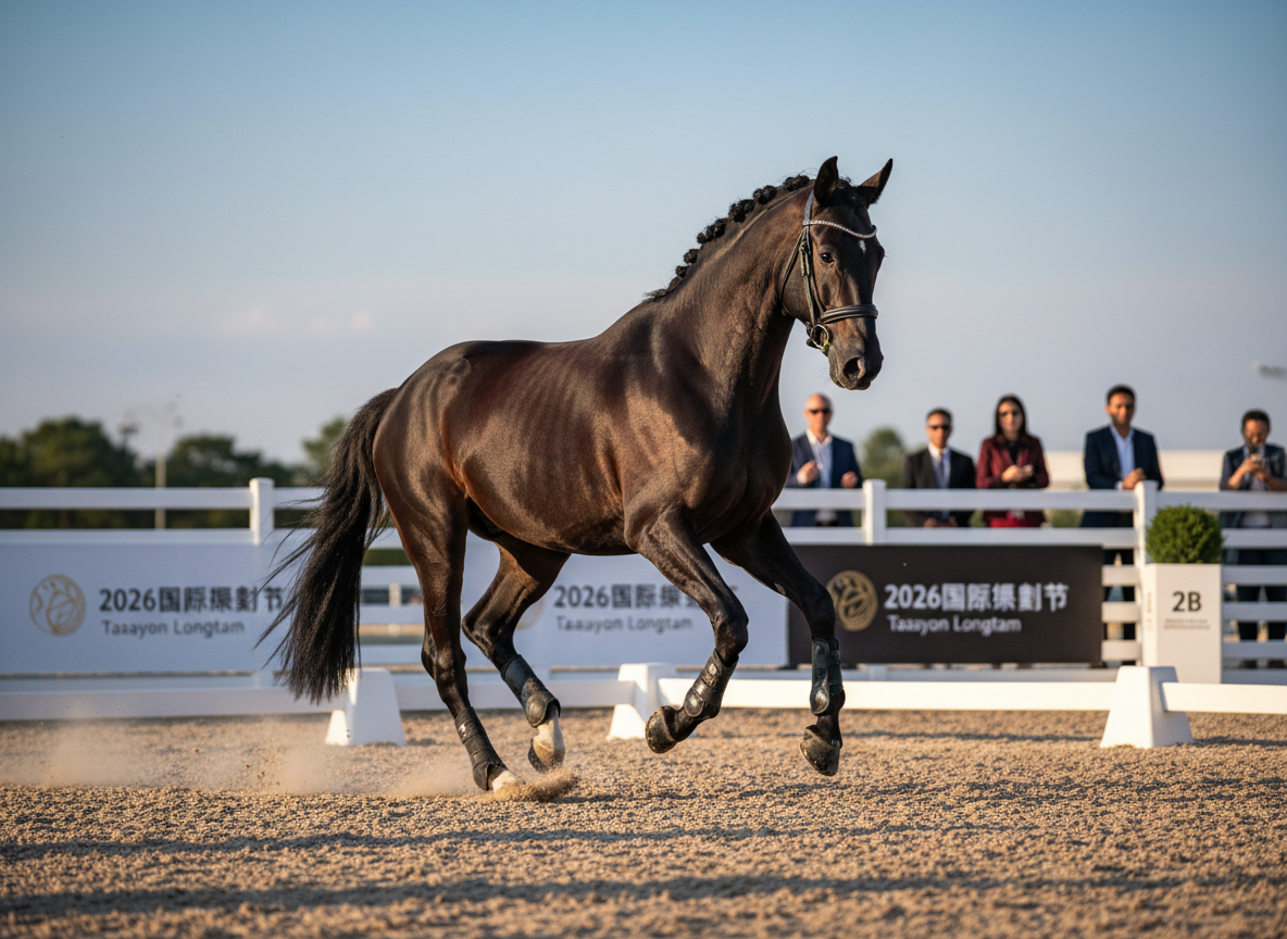 A sleek, dark bay sport horse captured in mid-canter on a perfectly groomed sand arena at the 2026國際馬術節 venue in Taoyuan Longtan. The horse’s glossy coat reflects the late afternoon golden light, its braided mane and neatly wrapped tail emphasizing precision and elegance. Surrounding the arena, refined white fences and discreet banners with subtle festival branding blur into the background. The sky is clear with a warm, soft gradient toward sunset, casting long, graceful shadows across the footing. Photographed in photographic realism from a low, three-quarter angle with a shallow depth of field, the image feels sophisticated and dynamic, highlighting movement and power while keeping the environment polished, calm, and inviting.