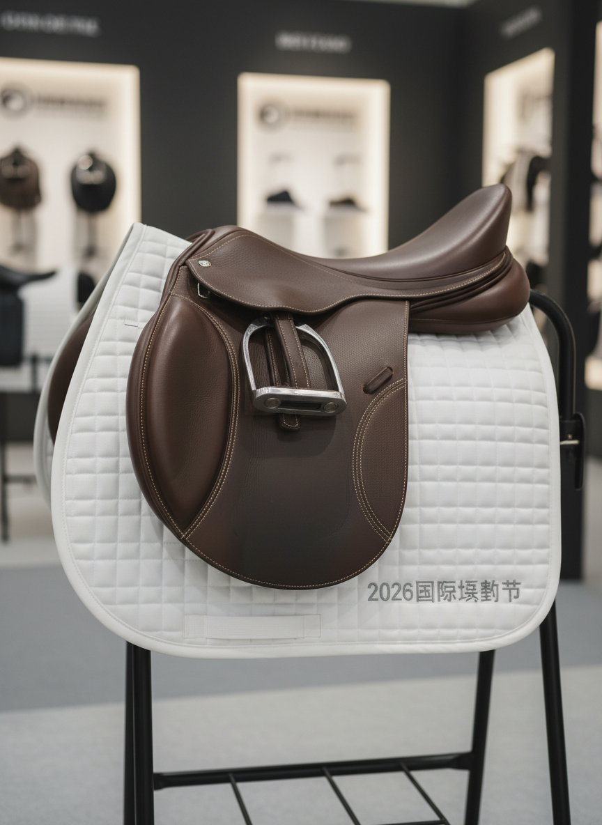 A close-up of a beautifully crafted leather jumping saddle in rich chocolate brown, resting on a white quilted saddle pad embroidered discreetly with the 2026國際馬術節 logo. The saddle is positioned on a simple, matte black stand in front of a blurred background that hints at an indoor tack exhibition area with tastefully lit display walls. Soft, directional studio-style lighting from the left highlights the saddle’s fine stitching, gently curved flaps, and polished metal stirrup irons, casting a clean shadow on the right. Photographed in photographic realism from a slightly low, three-quarter angle with a shallow depth of field, the composition feels luxurious, precise, and quietly dramatic, emphasizing craftsmanship and the sophisticated spirit of the event.