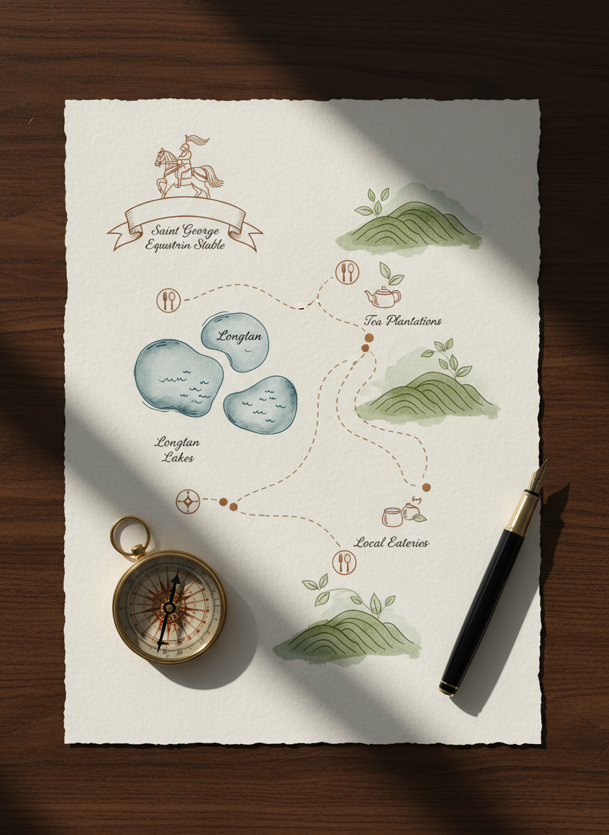 A detailed, hand-drawn travel map for a one-day trip around Taoyuan Longtan, printed on thick, textured cream paper and laid flat on a dark wooden desk. The map features elegant icons for the Saint George equestrian stable, local lakes, tea plantations, and small eateries, rendered in muted greens, blues, and warm browns. A refined brass compass and a slim, black fountain pen rest casually on the edges of the map, adding a sense of intentional planning. Soft overhead daylight diffused through a nearby window gives the scene an even, gentle illumination, with subtle shadows adding depth. Captured from directly above with crisp focus across the entire frame, the photographic realism and minimalist composition convey a calm, sophisticated approach to travel planning.