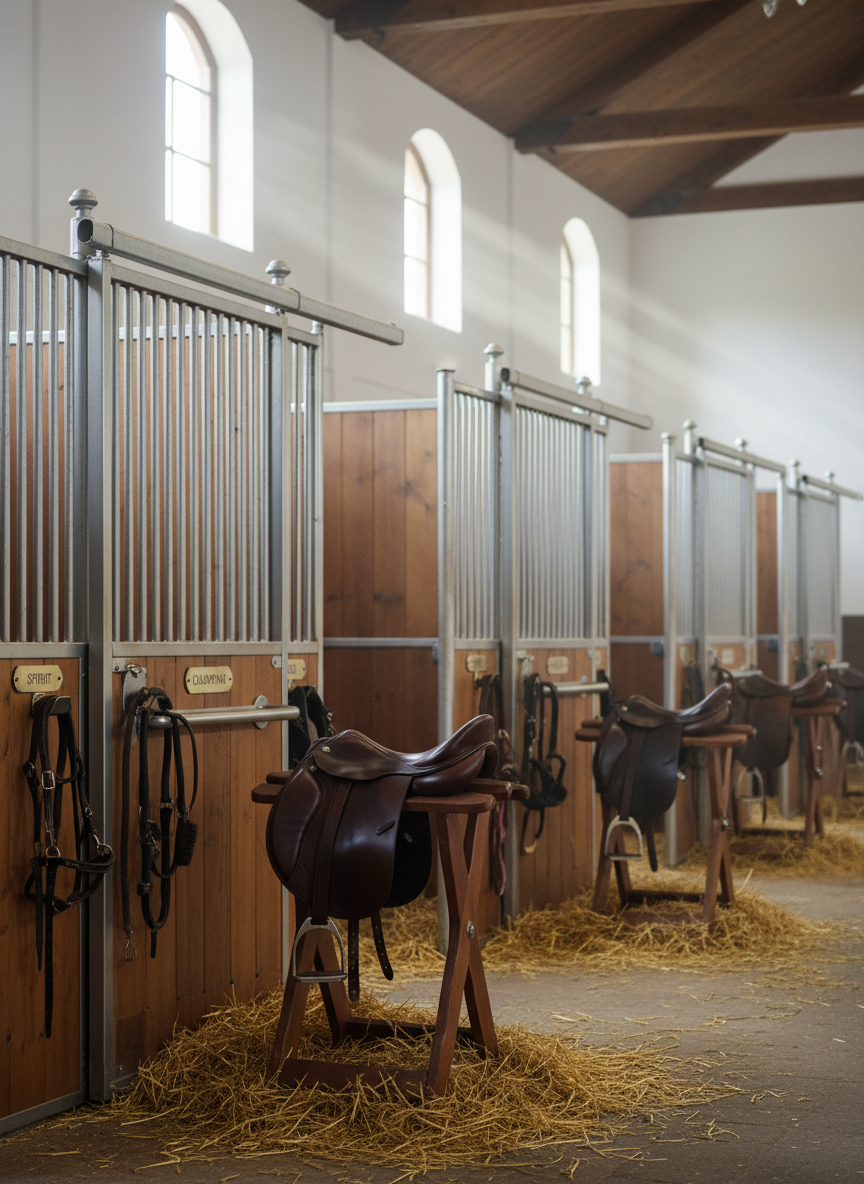 A row of immaculate, modern horse stalls inside the Saint George equestrian stable, each with brushed stainless steel bars, warm honey-toned wooden panels, and neatly arranged tack hanging on labeled hooks. Fresh straw glows softly on the floor, and gleaming saddles rest on polished wooden stands outside a few open doors. Diffused morning light filters through high windows, creating gentle beams that catch tiny dust motes in the air. The far end of the aisle recedes into soft blur, giving a sense of quiet depth. Captured at eye level with sharp focus on the near stalls and a subtle bokeh toward the back, the photographic realism and orderly composition convey a serene, sophisticated atmosphere of care and professionalism.