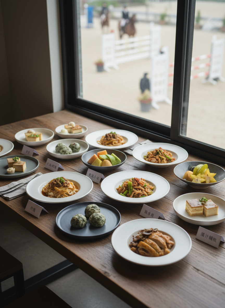 A curated spread of Taoyuan Longtan local delicacies arranged on a long, rustic yet refined wooden table set beside a window overlooking the distant equestrian arenas. Elegant ceramic plates in off-white and slate gray hold delicately plated Hakka dishes, seasonal fruits, and artisanal desserts, accented by small cards with minimalist typography naming each item. Late morning natural light streams in, creating soft highlights on glossy sauces and subtle shadows around the dishes. In the blurred background, the faint shapes of jumps and white fences hint at the ongoing equestrian festival. Shot from a three-quarter overhead angle in photographic realism, the composition uses the rule of thirds to emphasize both the food and the connection to place, evoking a sophisticated, appetizing mood.